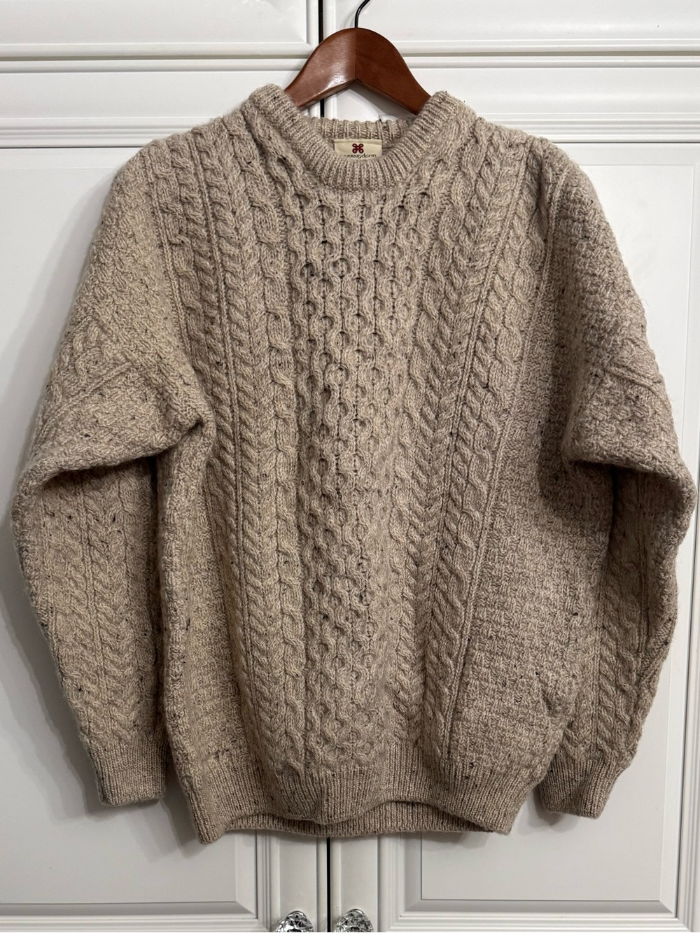 VTG Carraig Donn Men's 100% Wool Aran Fisherman Crew Neck Sweater Oatmeal Tweed